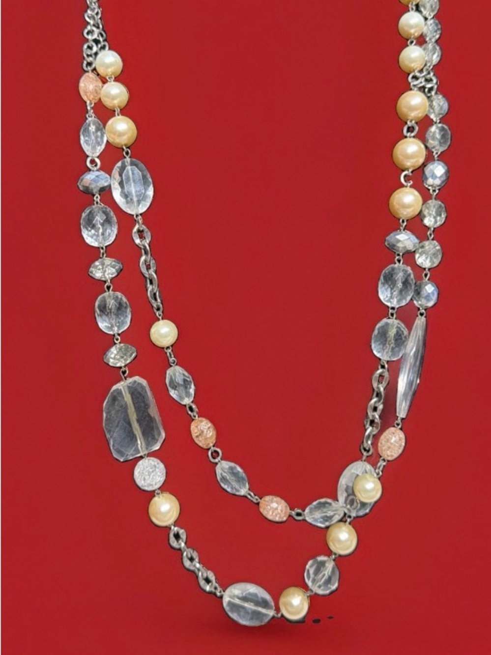 NY Elegant Multi-Strand Crystal Pearl Necklace - Champagne Pearls & Clear Beads